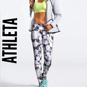 Athleta Chaturanga PowerLift Floral Crush Leggings Black White Marble Print🖤